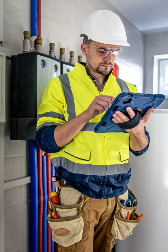 elevate your comfort: air alliance's comprehensive heating solutions, man electrical technician working switchboard with fuses uses tablet