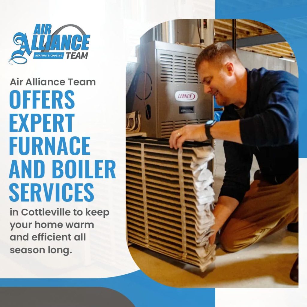 Air Alliance Team technician replacing a furnace filter during professional furnace and boiler service in Cottleville, Missouri.