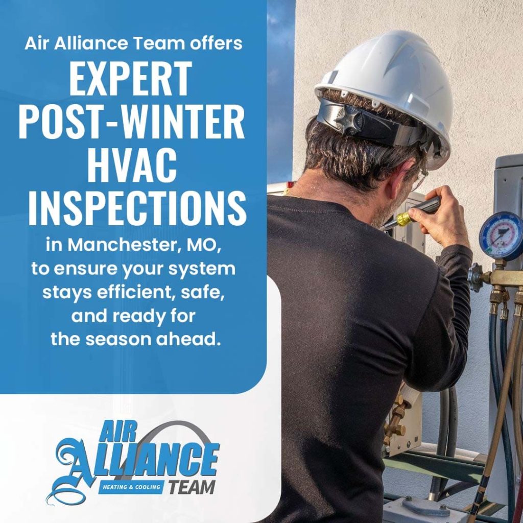 Professional HVAC technician performing post-winter HVAC inspection and system check in Manchester, MO