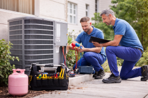 HVAC technicians performing air conditioning maintenance and refrigerant check outside residential home before summer