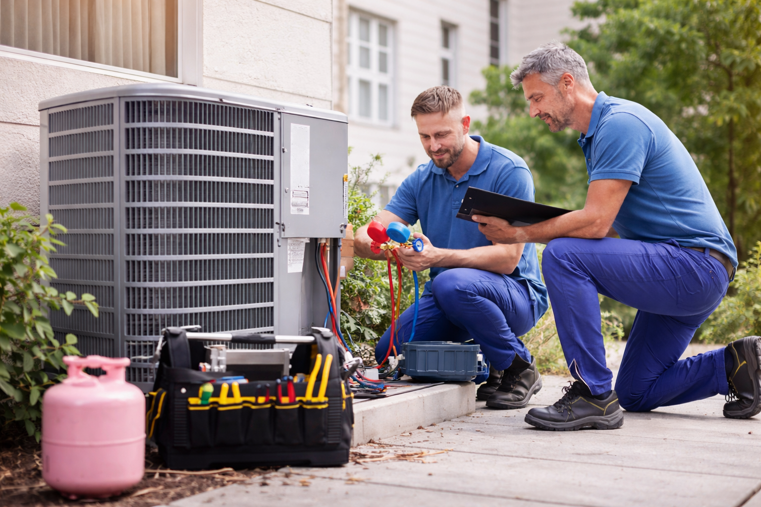 HVAC technicians performing air conditioning maintenance and refrigerant check outside residential home before summer