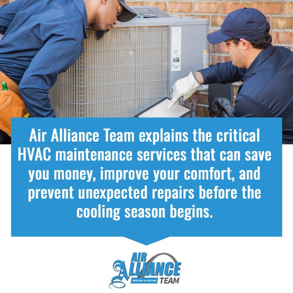 HVAC technicians servicing residential air conditioning unit to prevent breakdowns before summer