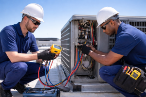 HVAC technicians servicing rooftop air conditioning unit with diagnostic tools during seasonal maintenance