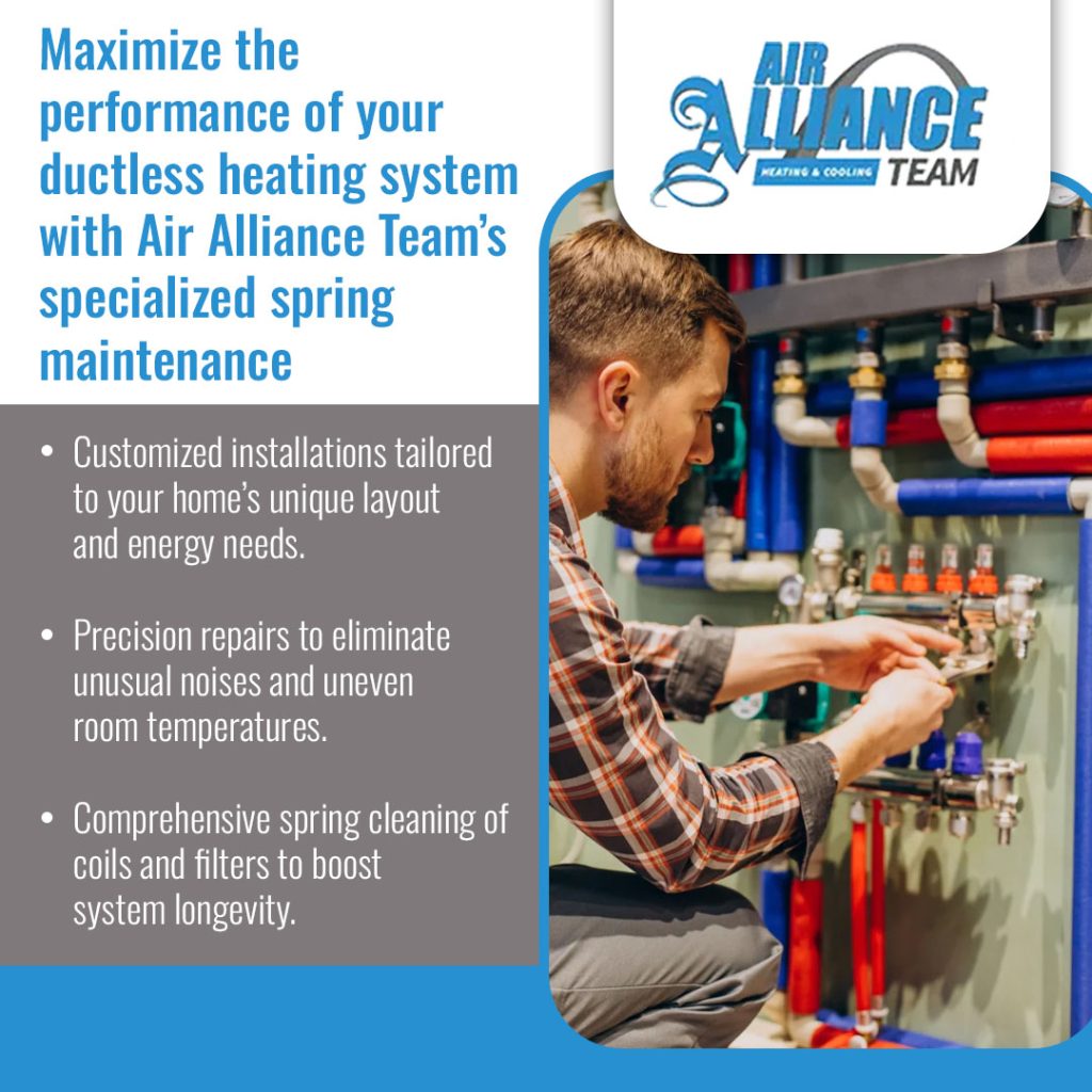Technician performing ductless heating system maintenance and adjusting plumbing connections to improve system performance and efficiency
