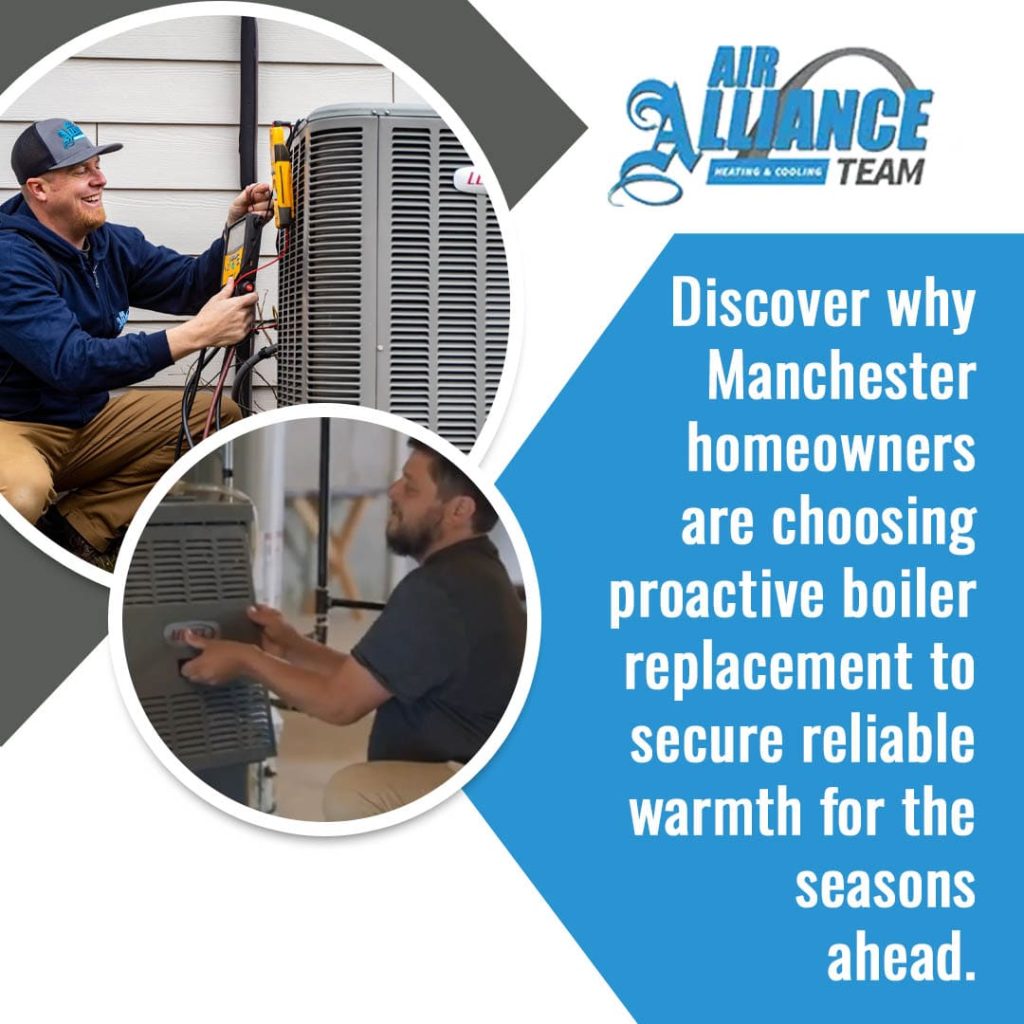 Technicians working on outdoor AC units and indoor heating equipment, highlighting proactive boiler replacement for Manchester homeowners.