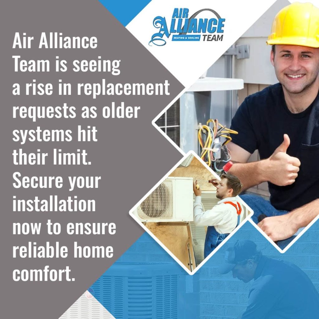 A technician giving a thumbs up and an outdoor heat pump installation, paired with text from Air Alliance Team advising homeowners to secure a new system replacement.