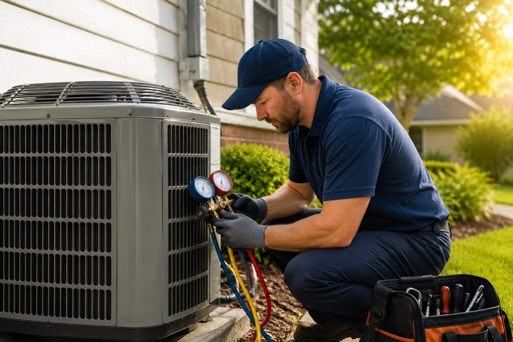 HVAC technician performing residential air conditioning maintenance on an outdoor cooling unit before peak summer temperatures in Manchester, Missouri