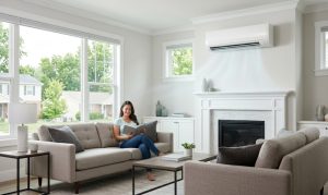 A woman reading comfortably on her living room sofa, enjoying the efficient cooling from a wall-mounted ductless mini-split AC unit.