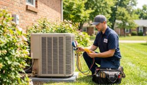 An Air Alliance Team technician wearing a navy uniform performs summer AC maintenance on an outdoor condenser unit in a suburban Manchester, MO backyard, using diagnostic gauges to prevent breakdowns.