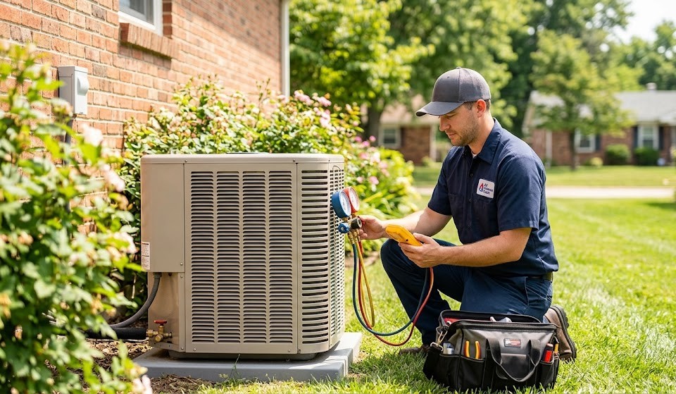 An Air Alliance Team technician wearing a navy uniform performs summer AC maintenance on an outdoor condenser unit in a suburban Manchester, MO backyard, using diagnostic gauges to prevent breakdowns.