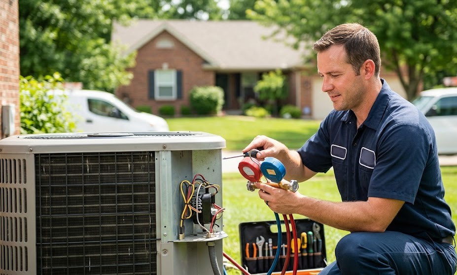 A professional HVAC technician using manifold gauges to perform residential AC repair in Cottleville, MO.
