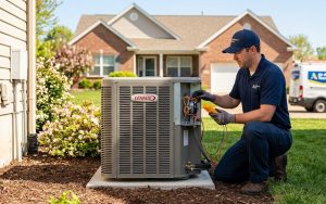Air Alliance Team technician in Cottleville, MO, performing a professional Lennox AC system maintenance check.