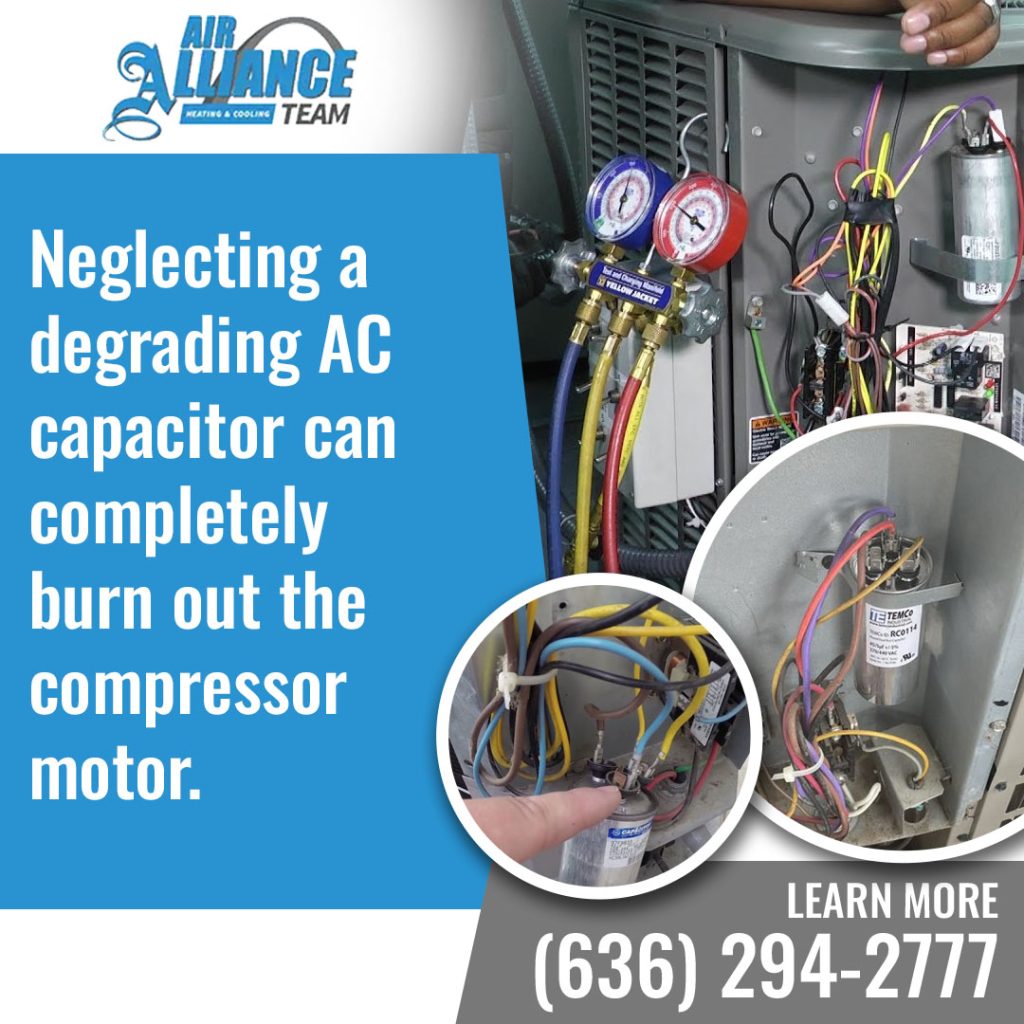 Infographic by Air Alliance Heating & Cooling warning that neglecting a degrading AC capacitor can burn out the compressor motor, showing a technician testing outdoor unit electrics.