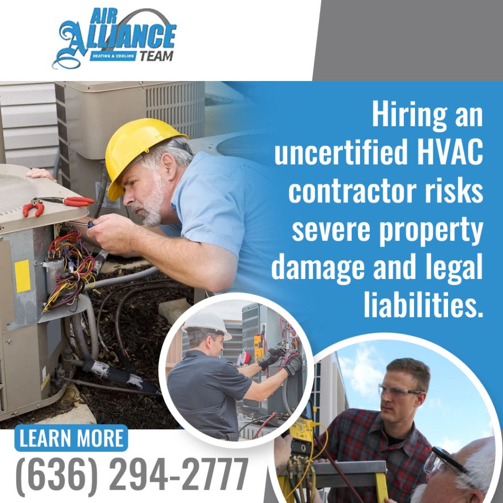 Graphic by Air Alliance Heating & Cooling highlighting the property damage and liability risks of hiring an uncertified HVAC contractor to service outdoor AC units.