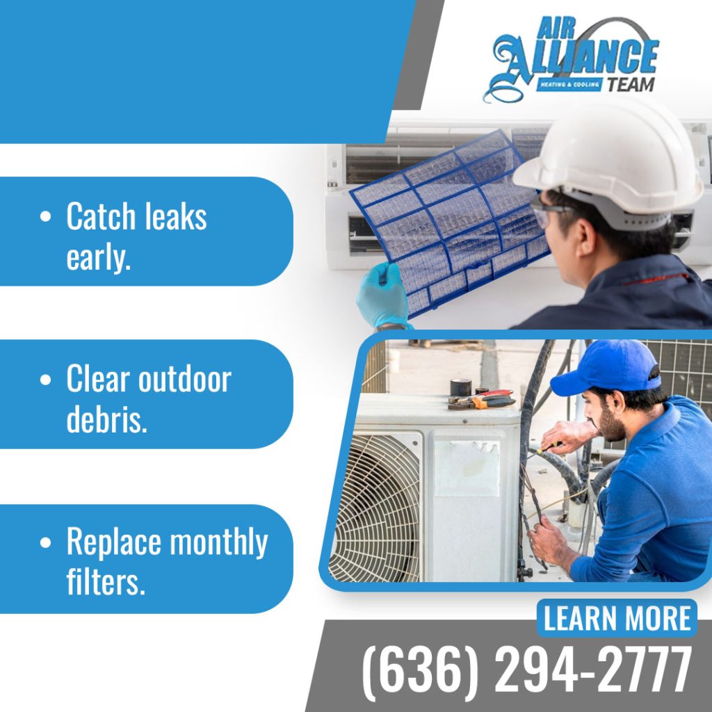 Air Alliance Team guide on AC maintenance featuring steps to catch leaks early, clear outdoor debris, and replace monthly air filters with images of technicians at work.