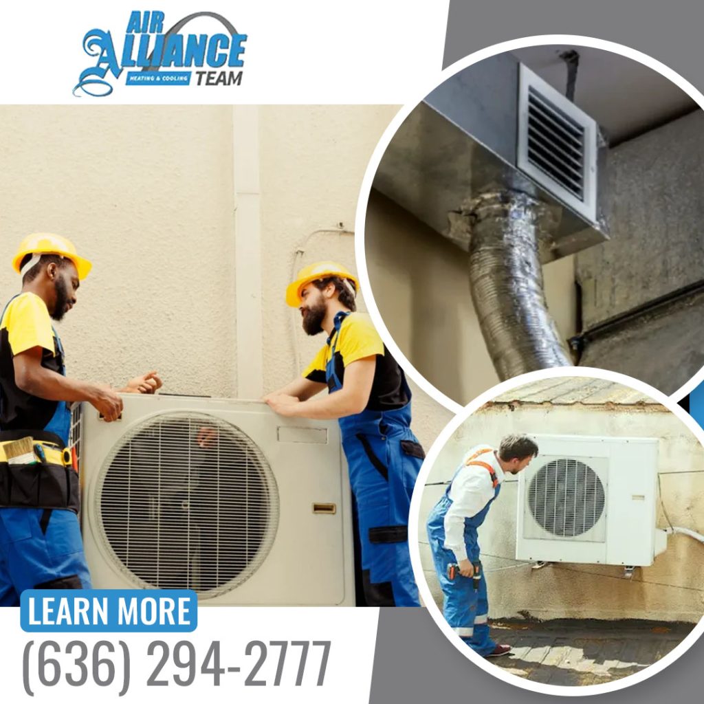 Air Alliance Heating & Cooling team installing a new outdoor AC condenser unit and inspecting flexible ventilation ductwork for residential HVAC service.