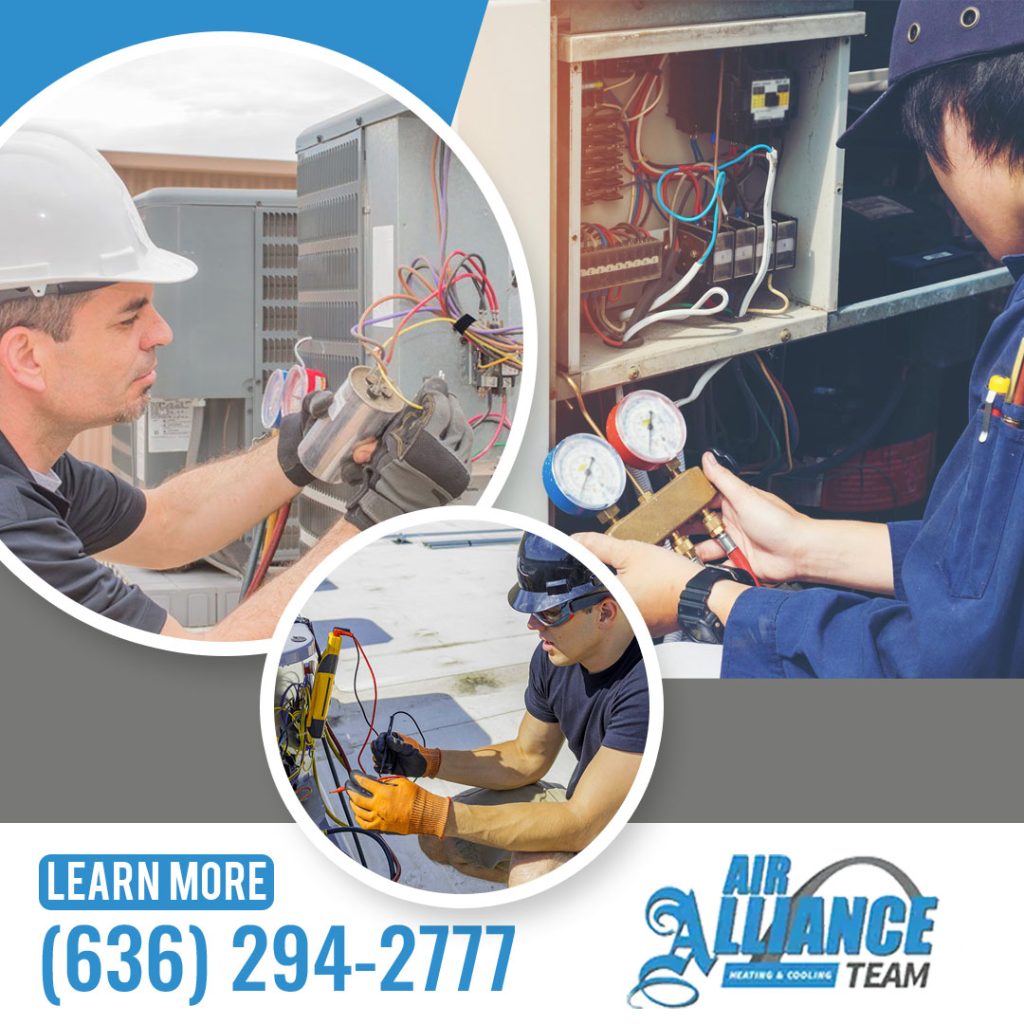 Air Alliance Team technicians performing professional AC diagnostics, checking electrical wiring, and reading manifold pressure gauges on outdoor air conditioning units.