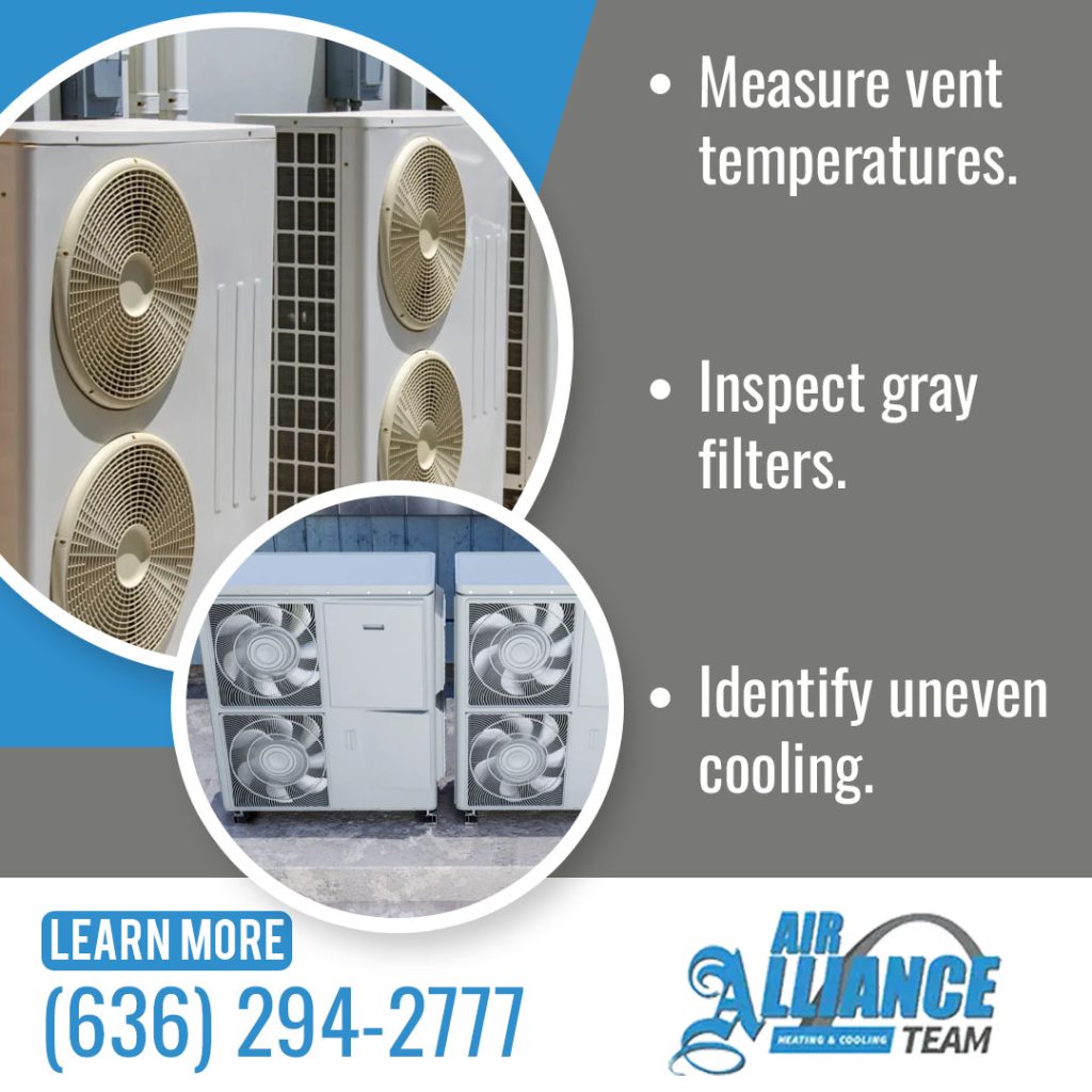 Air Alliance Team troubleshooting guide on resolving uneven cooling by measuring vent temperatures, inspecting gray filters, and examining outdoor multi-split heat pump systems.